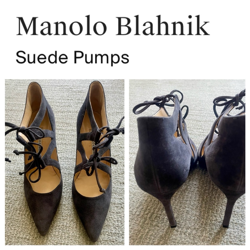 MANOLO BLAHNIK Women’s Black Suede Pumps With Lace Closure & Dust Bag